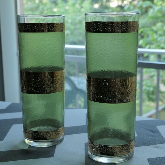 6 VTG 50s 60s MCM Culver Starlyte Glasses Green 22K Gold Filigree Tumblers VGUC - Picture 7 of 8
